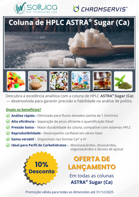 Folheto informativo do produto Coluna de HPLC ASTRA Sugar (Ca)